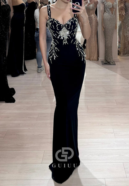 Black Spaghetti Straps Sweetheart Beads Floor-Length Evening Dress