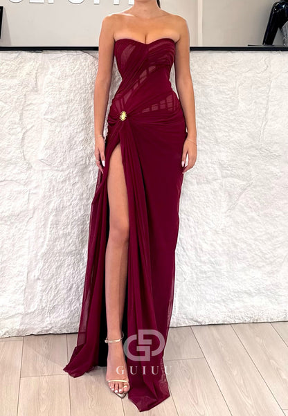 Burgundy A-Line Cape Sweetheart Slit Ruched Prom Dress