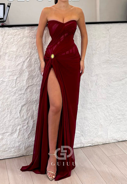 Burgundy A-Line Cape Sweetheart Slit Ruched Prom Dress