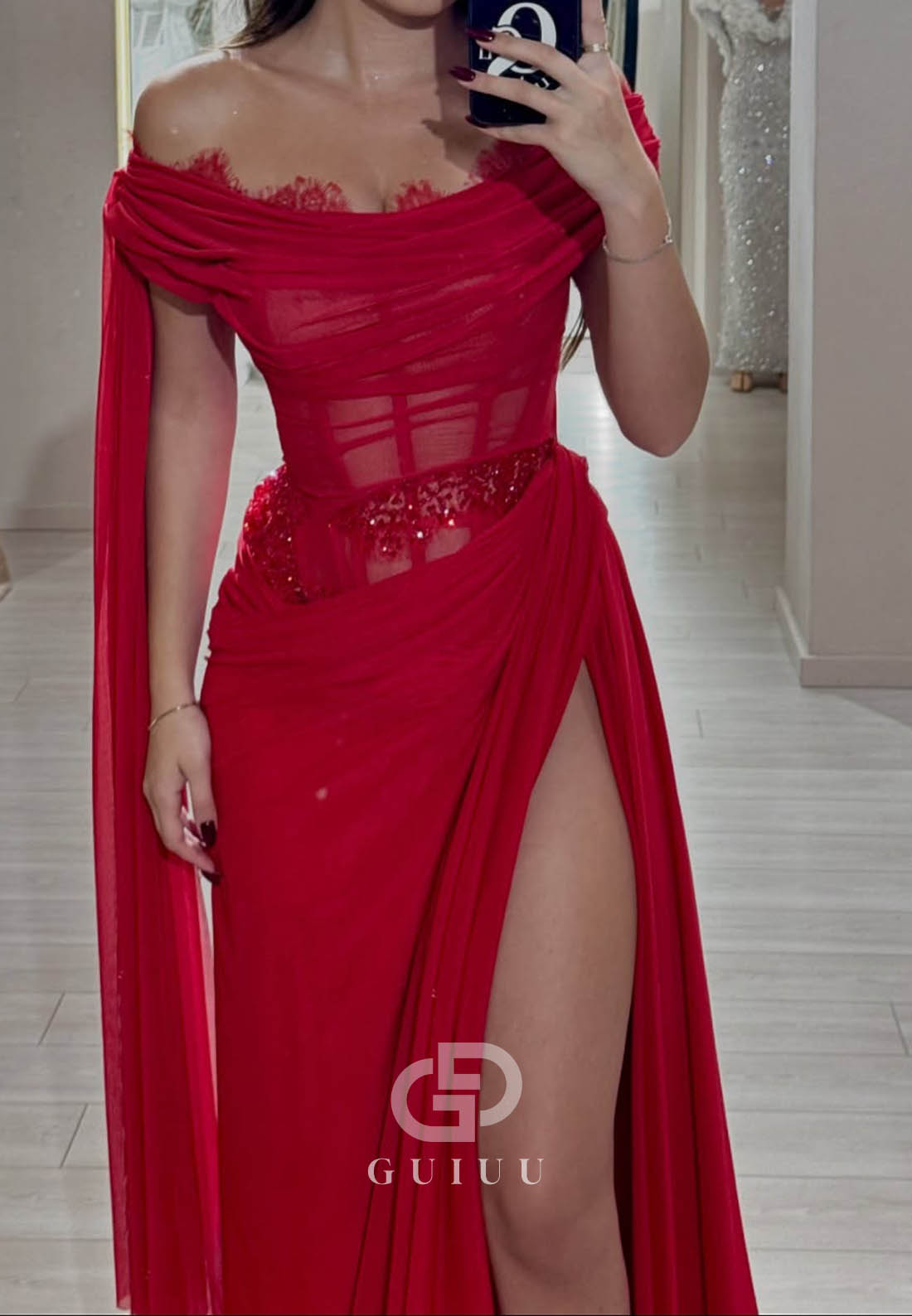 Red Sleeveless Strapless Slit Ruched Prom Dress