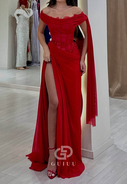 Red Sleeveless Strapless Slit Ruched Prom Dress