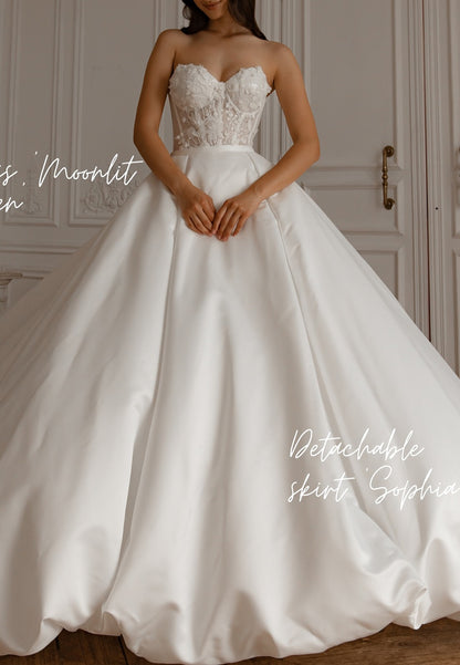 A-Line Strapless Sleeveless Corset Tulle Removable Train Wedding Dress