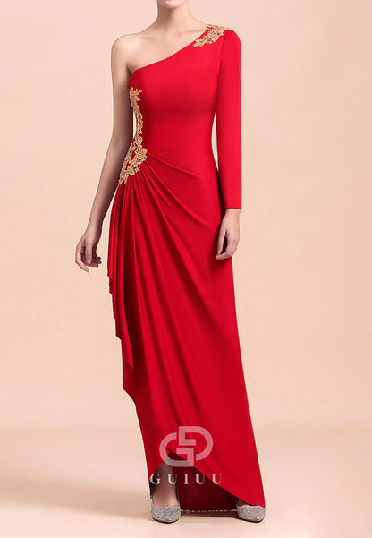 Red One Shoulder Long Sleeves Appliques Mother of the Bride Dress