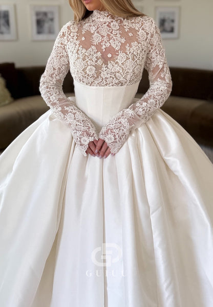 Elegant Long Sleeves High Neck Empire-Waist Wedding Dress