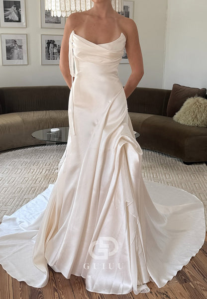 Simple Sleeveless Strapless Ruched Mermaid Wedding Dress