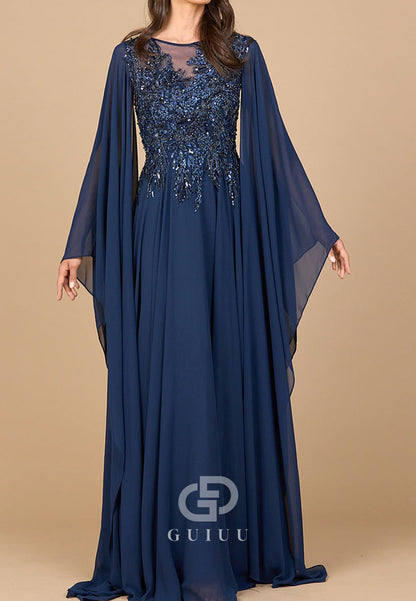 Long Sleeves V-Neck Appliques A-Line Chiffon Evening Dress