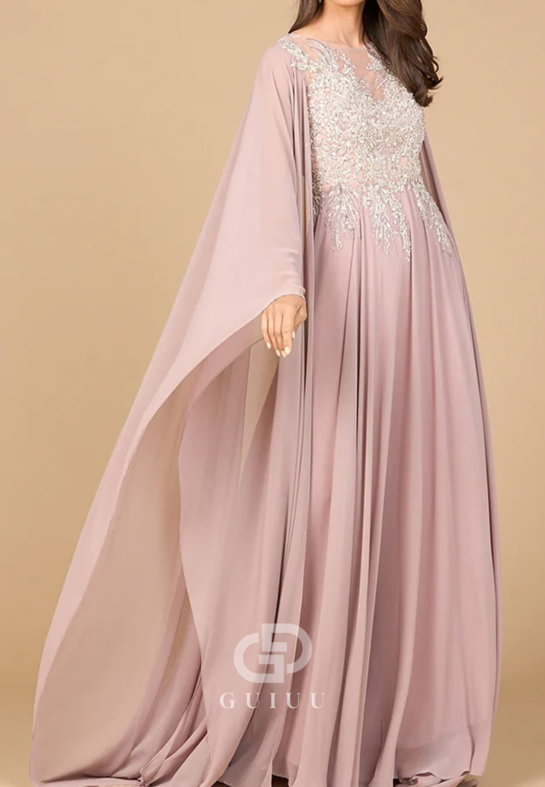 Long Sleeves V-Neck Appliques A-Line Chiffon Evening Dress