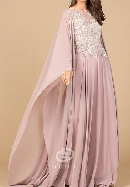 Long Sleeves V-Neck Appliques A-Line Chiffon Evening Dress