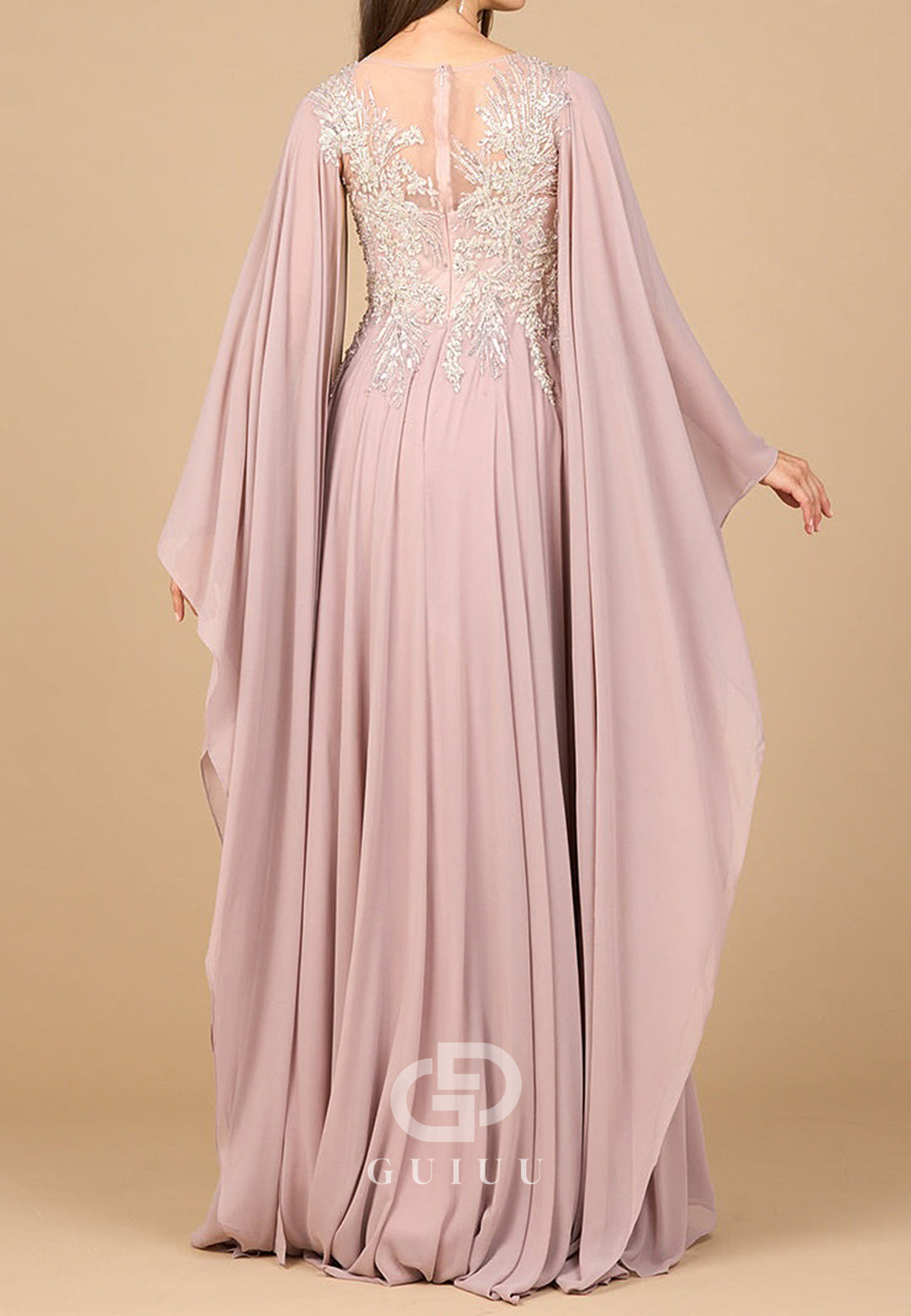 Long Sleeves V-Neck Appliques A-Line Chiffon Evening Dress