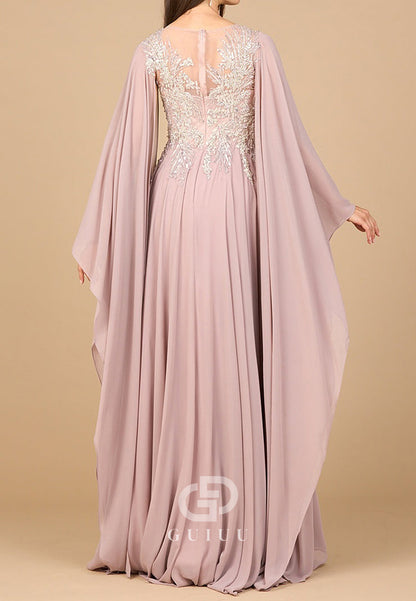 Long Sleeves V-Neck Appliques A-Line Chiffon Evening Dress