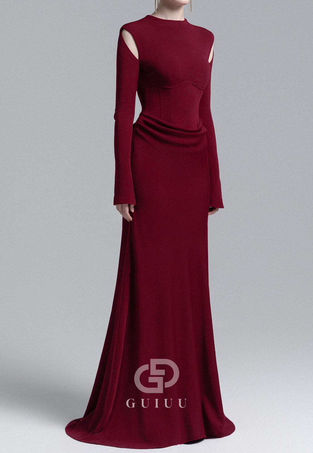 Burgundy Long Sleeves Scoop A-Line Satin Evening Dress