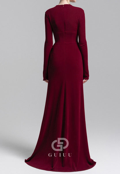Burgundy Long Sleeves Scoop A-Line Satin Evening Dress
