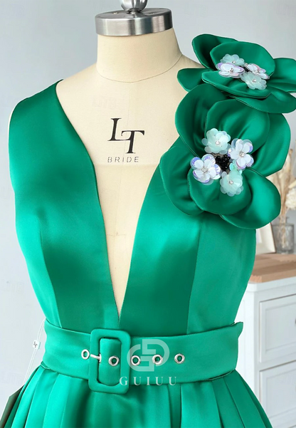 A-Line Deep V-Neck Empire-Waist Appliques Cocktail Evening Dress