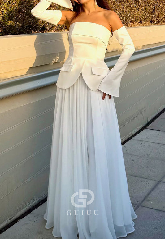 Simple Off-Shoulder Long Sleeves A-Line Satin Wedding Dress