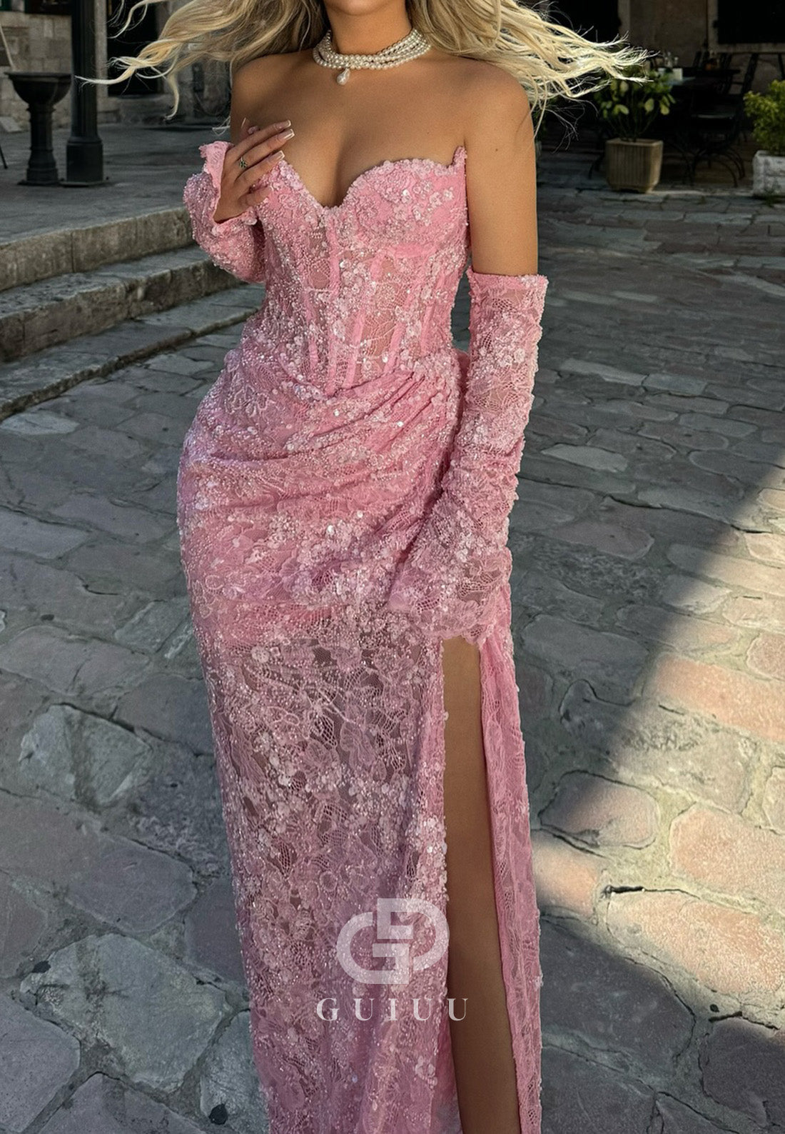 Blushing Pink Sweetheart Long Sleeves Corset Tulle Lace Prom Dress