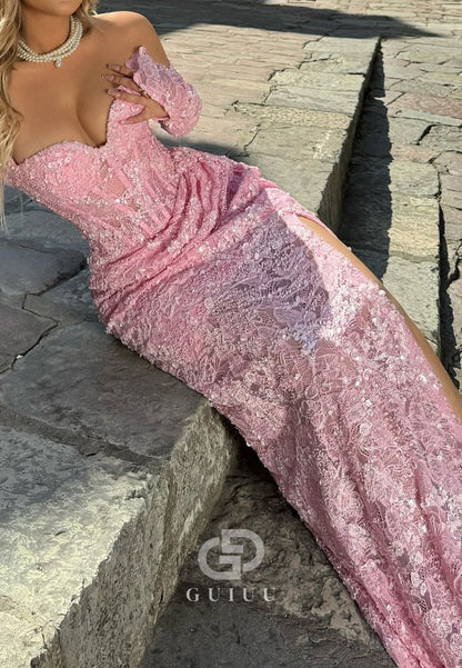 Blushing Pink Sweetheart Long Sleeves Corset Tulle Lace Prom Dress