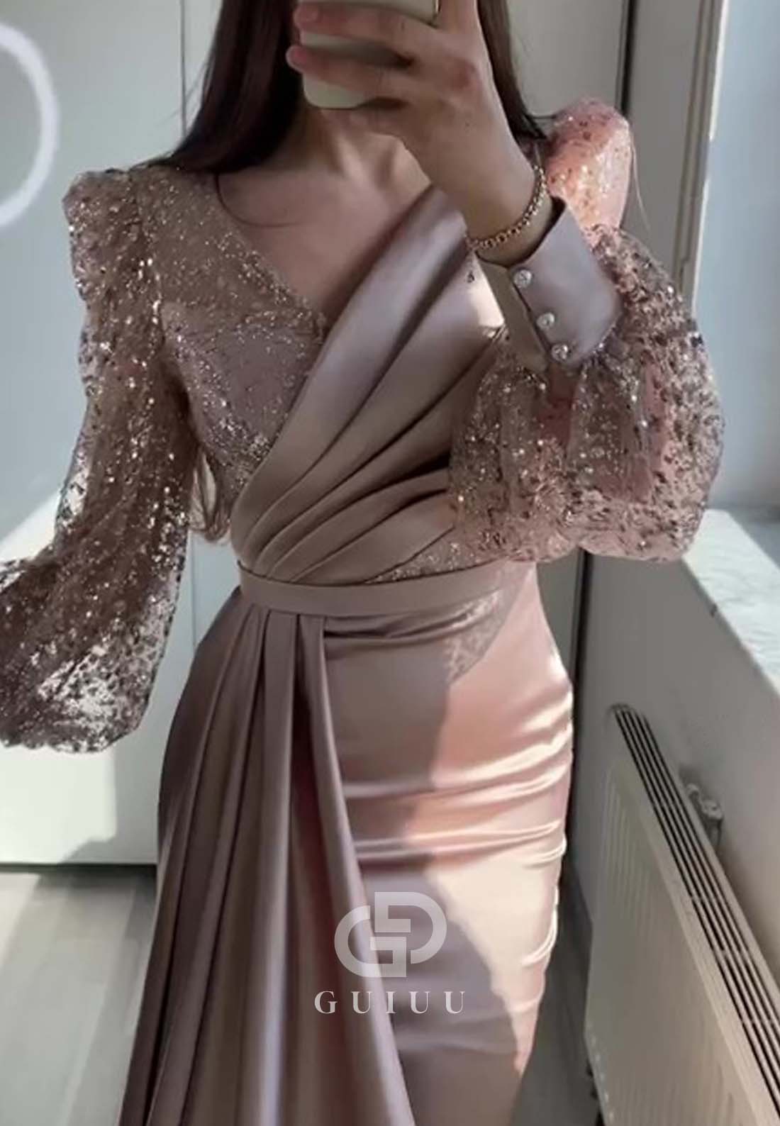 Long Sleeves V-Neck Sequins Ruched Sweep Train Evening Formal Dress