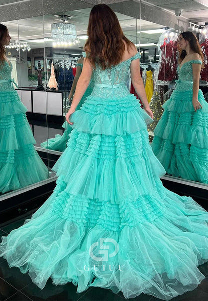 A-Line Tulle Ruffles Off-Shoulder Long Prom Dress with Bow