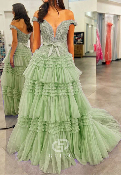 A-Line Tulle Ruffles Off-Shoulder Long Prom Dress with Bow