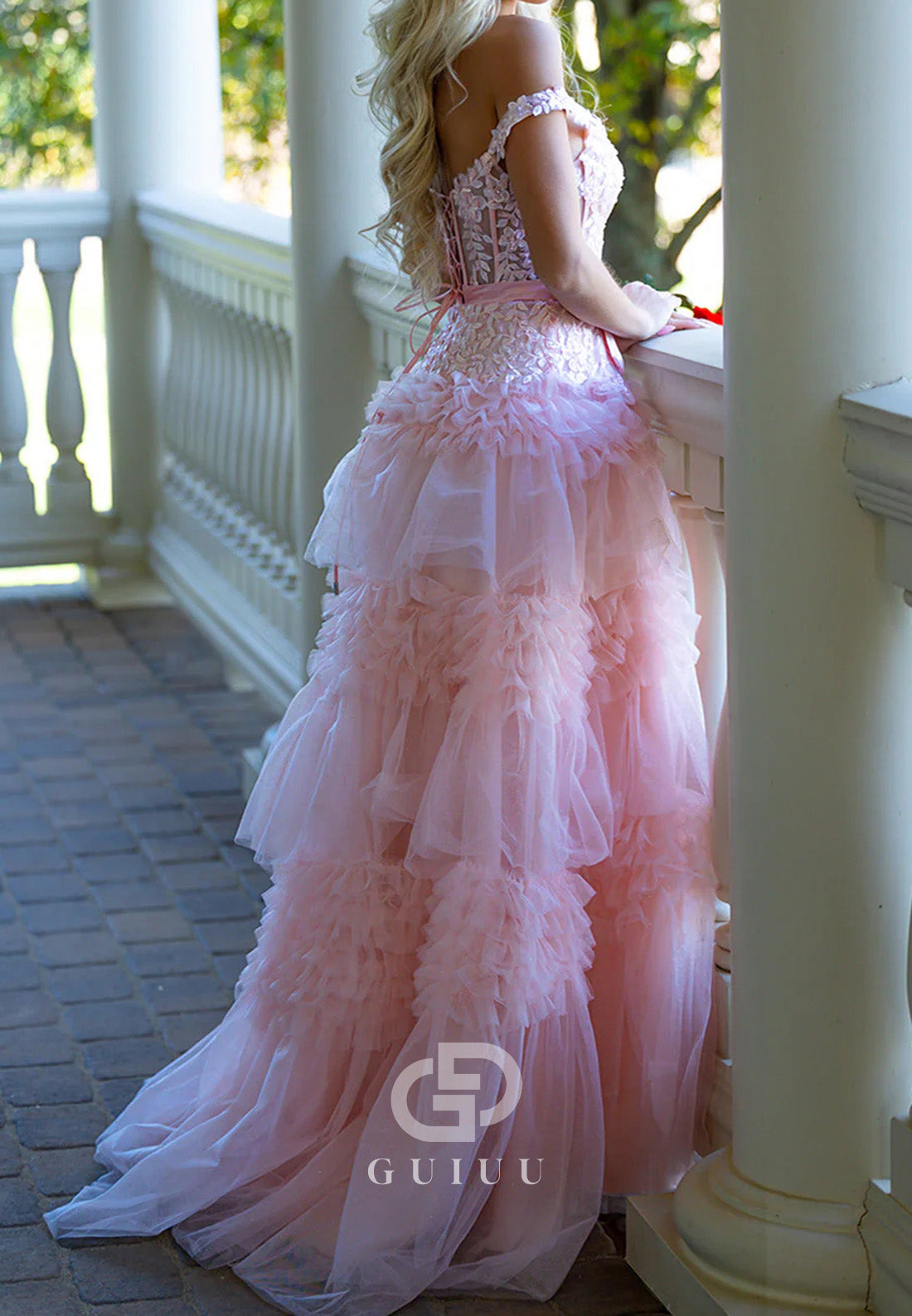 A-Line Tulle Ruffles Off-Shoulder Long Prom Dress with Bow