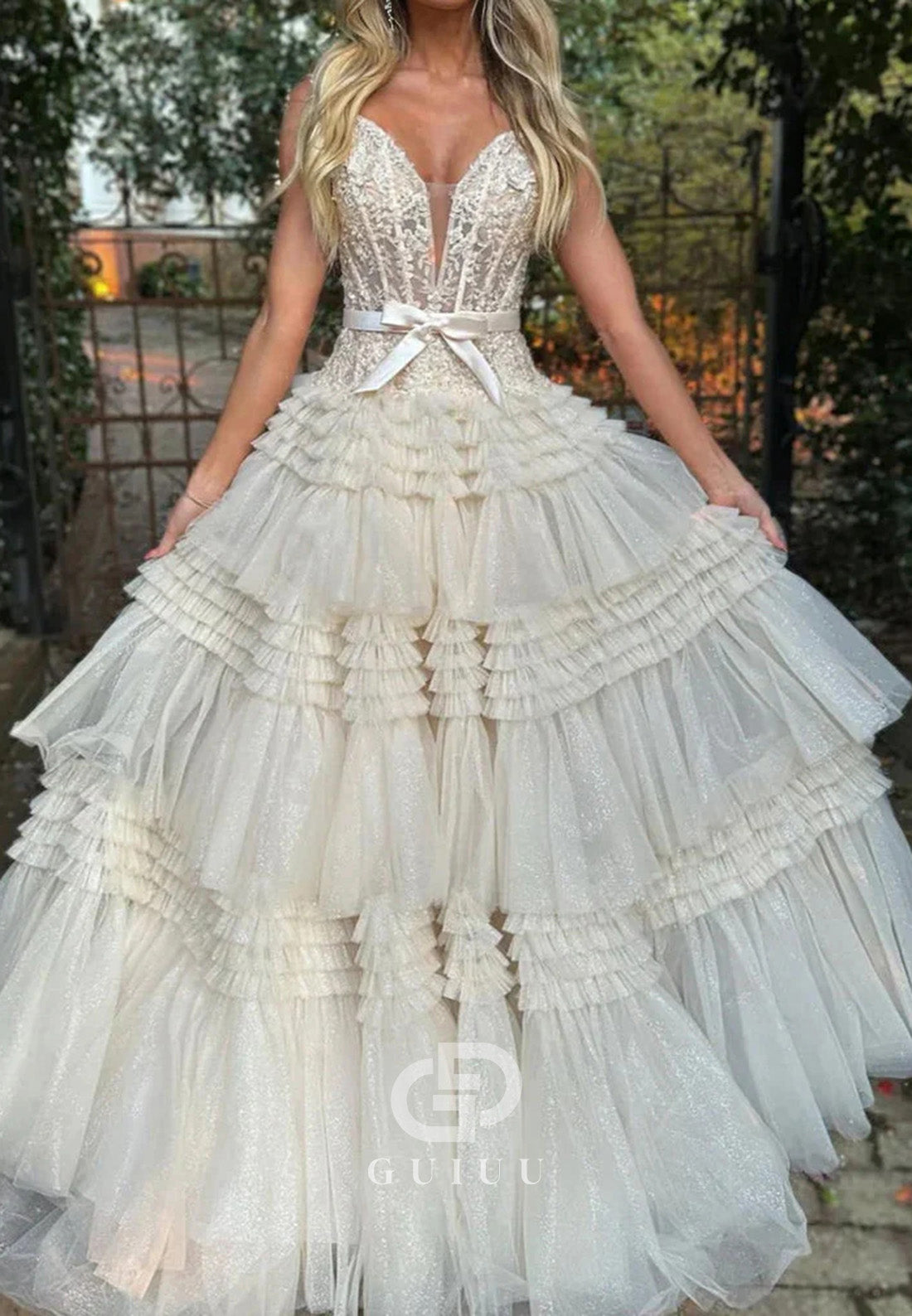 A-Line Tulle Ruffles Off-Shoulder Long Prom Dress with Bow