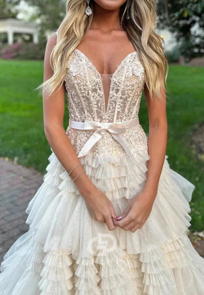 A-Line Tulle Ruffles Off-Shoulder Long Prom Dress with Bow