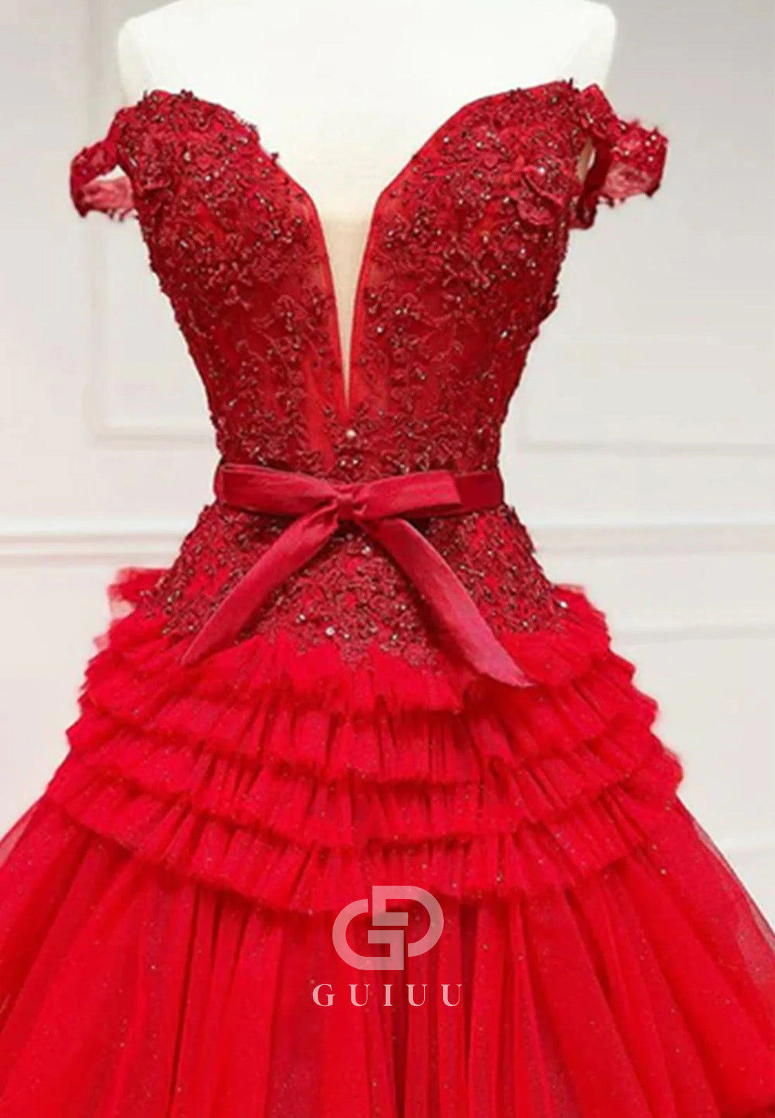 A-Line Tulle Ruffles Off-Shoulder Long Prom Dress with Bow