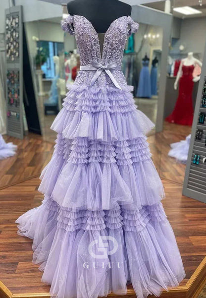 A-Line Tulle Ruffles Off-Shoulder Long Prom Dress with Bow