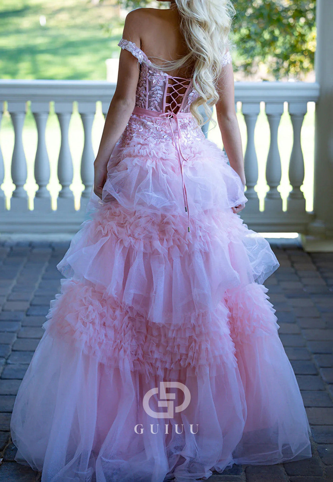 A-Line Tulle Ruffles Off-Shoulder Long Prom Dress with Bow