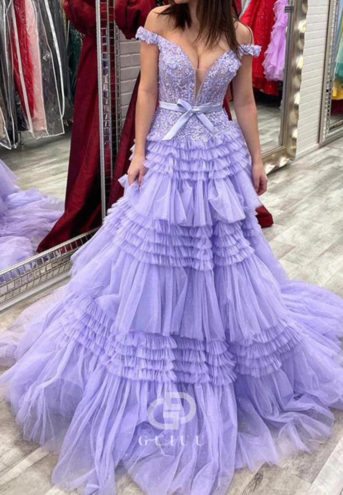 A-Line Tulle Ruffles Off-Shoulder Long Prom Dress with Bow