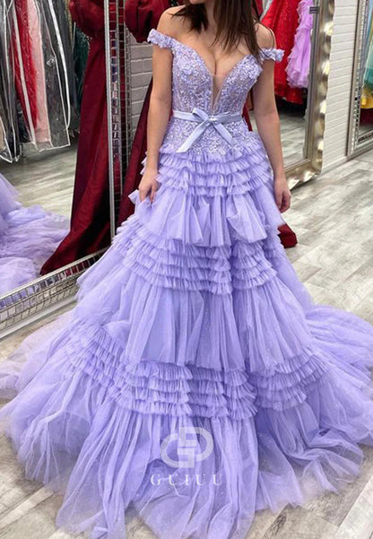 A-Line Tulle Ruffles Off-Shoulder Long Prom Dress with Bow