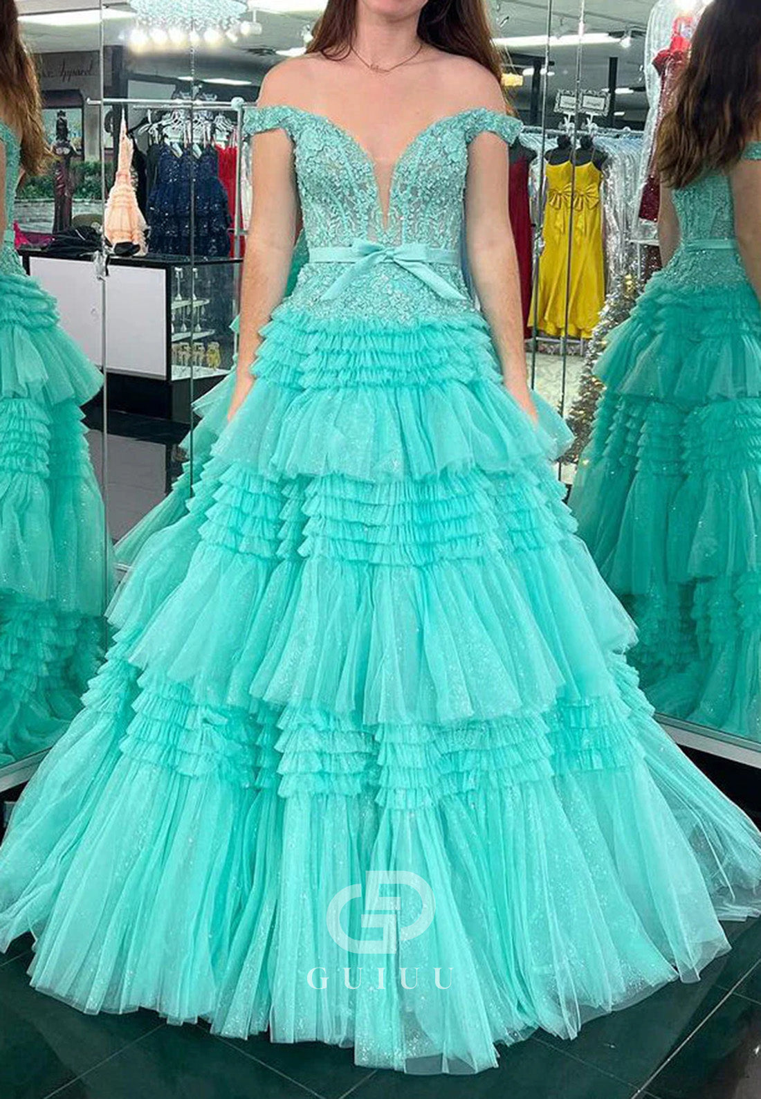 A-Line Tulle Ruffles Off-Shoulder Long Prom Dress with Bow