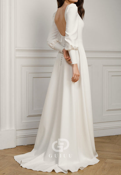 Elegant Long Sleeves Square Backless A-Line Wedding Dress