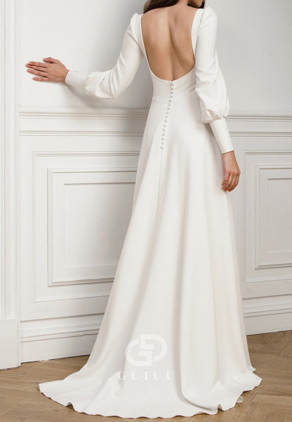 Elegant Long Sleeves Square Backless A-Line Wedding Dress