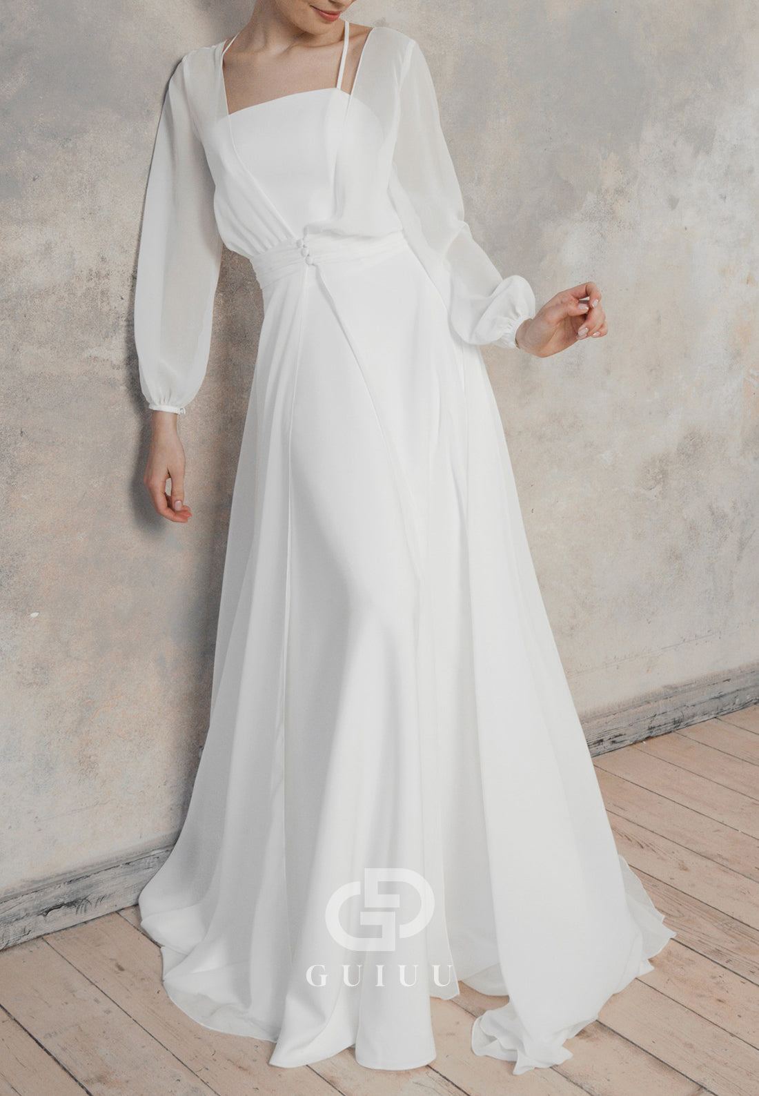 Simple Long Sleeves Square Empire-Waist Wedding Dress