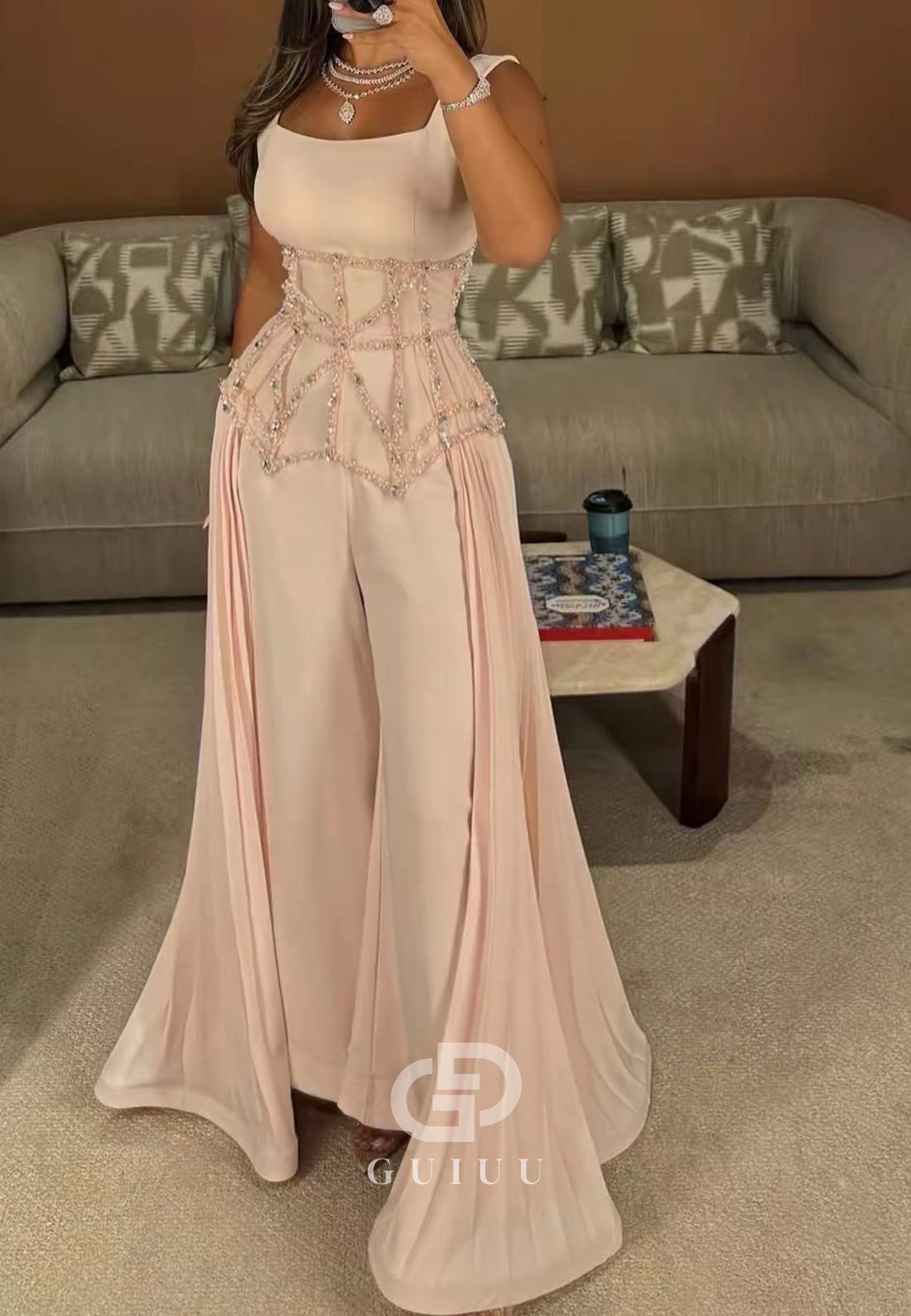 Spaghetti Straps Scoop Sequins Empire-Waist Jumpsuit