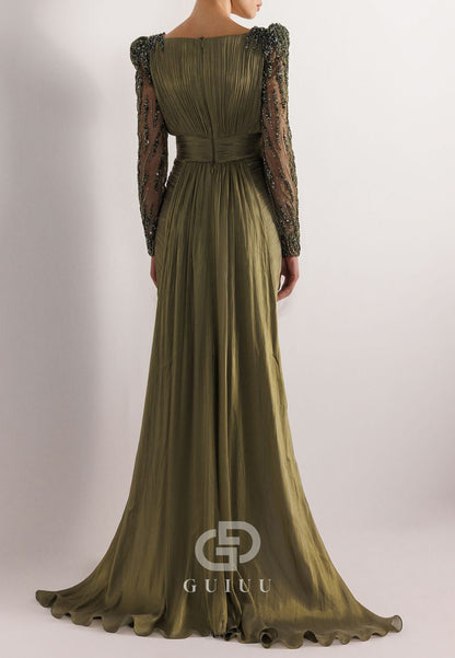 Charming A-Line Long Sleeves Scoop Appliques Evening Dress
