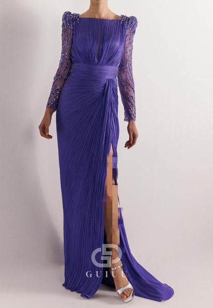 Charming A-Line Long Sleeves Scoop Appliques Evening Dress