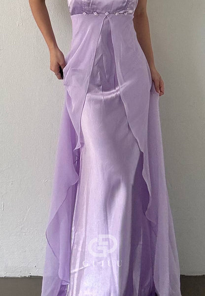 Lilac Spaghetti Straps Square A-Line Satin Prom Dress