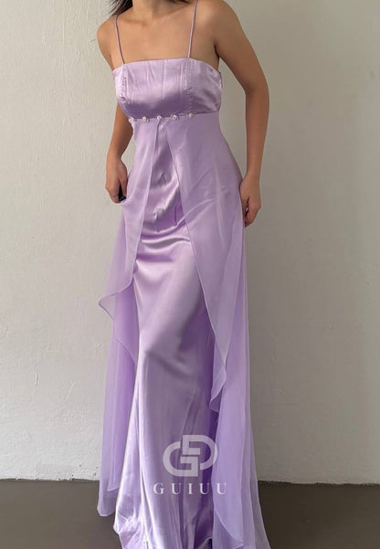 Lilac Spaghetti Straps Square A-Line Satin Prom Dress