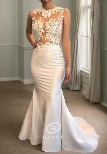 Mermaid Sleeveless Scoop Court Train Appliques Satin Wedding Dresses
