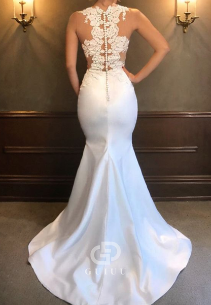 Mermaid Sleeveless Scoop Court Train Appliques Satin Wedding Dresses
