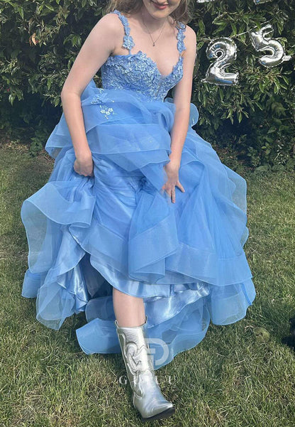 Blue Jay Spaghetti Straps V-Neck Ruffles Appliques Prom Dress