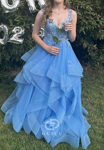 Blue Jay Spaghetti Straps V-Neck Ruffles Appliques Prom Dress