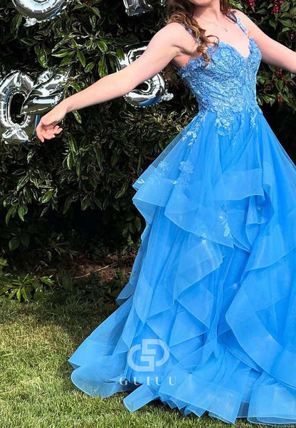 Blue Jay Spaghetti Straps V-Neck Ruffles Appliques Prom Dress