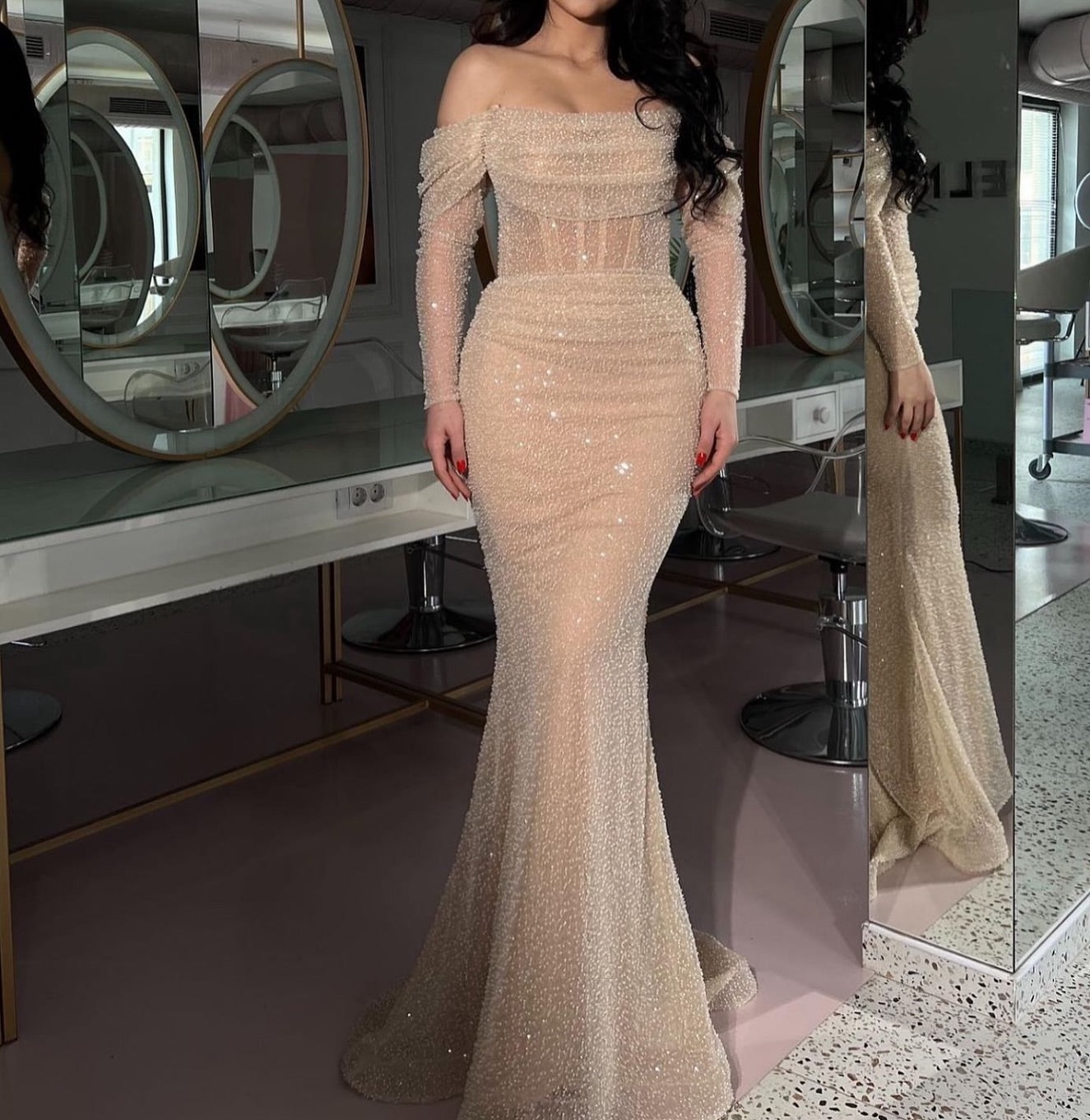G3275 - Chic & Modern Beaded Off-Shoulder Pleats Champagne Party Prom Evening Dresses