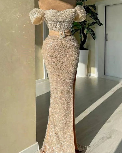 G3275 - Chic & Modern Beaded Off-Shoulder Pleats Champagne Party Prom Evening Dresses