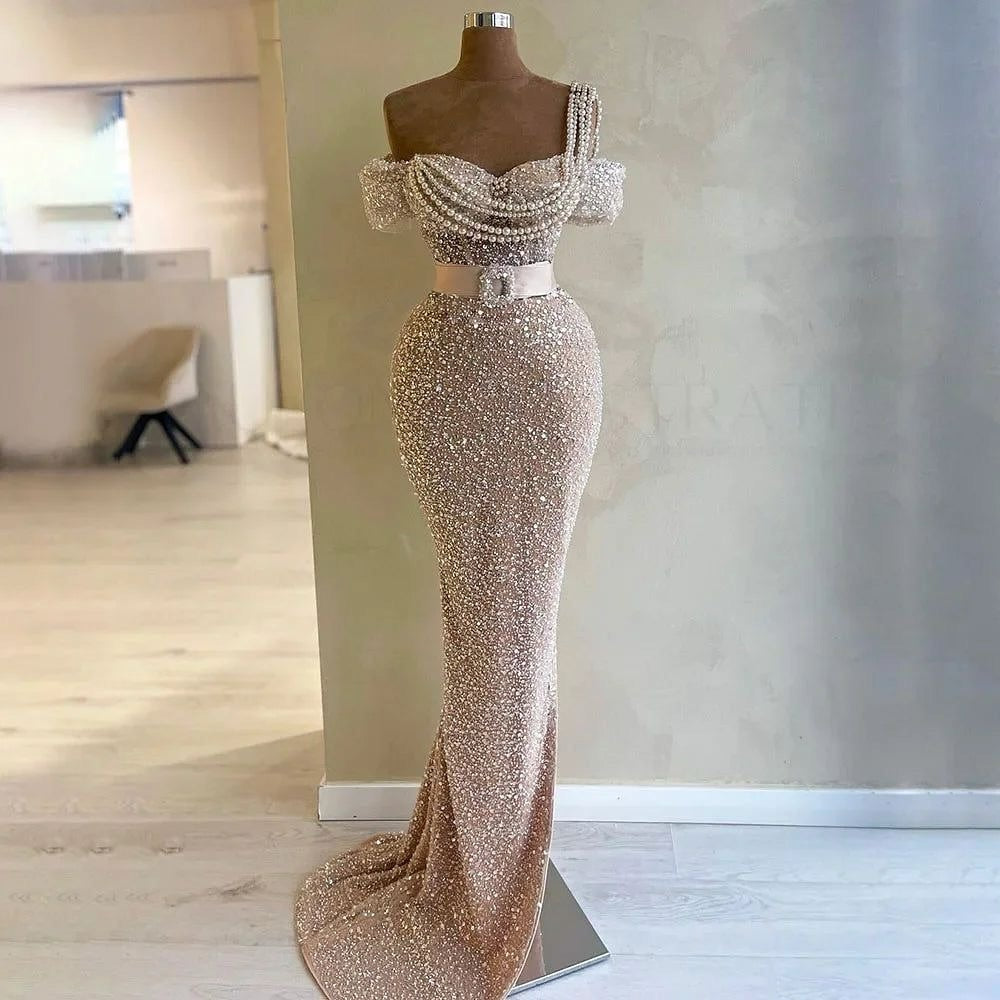 G3275 - Chic & Modern Beaded Off-Shoulder Pleats Champagne Party Prom Evening Dresses