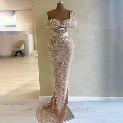 G3275 - Chic & Modern Beaded Off-Shoulder Pleats Champagne Party Prom Evening Dresses