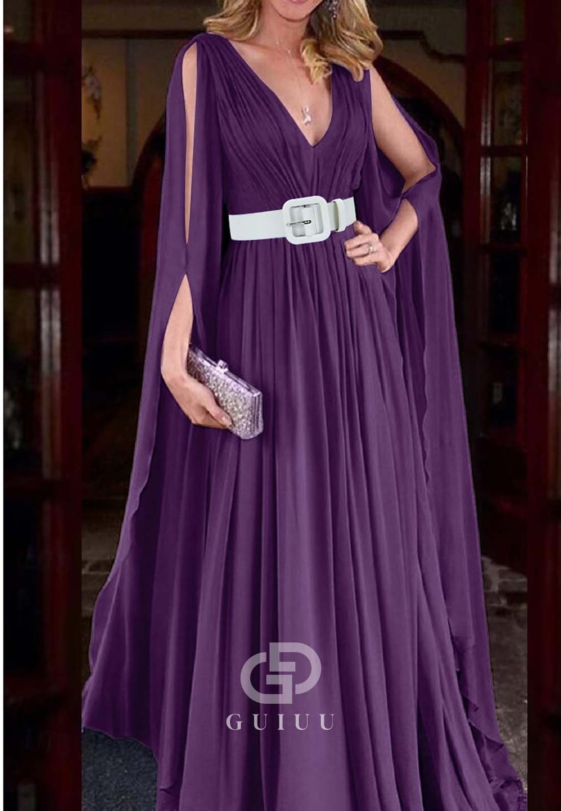 Simple A-Line Cap Sleeves Deep V-Neck Empire-Waist Evening Formal Dress